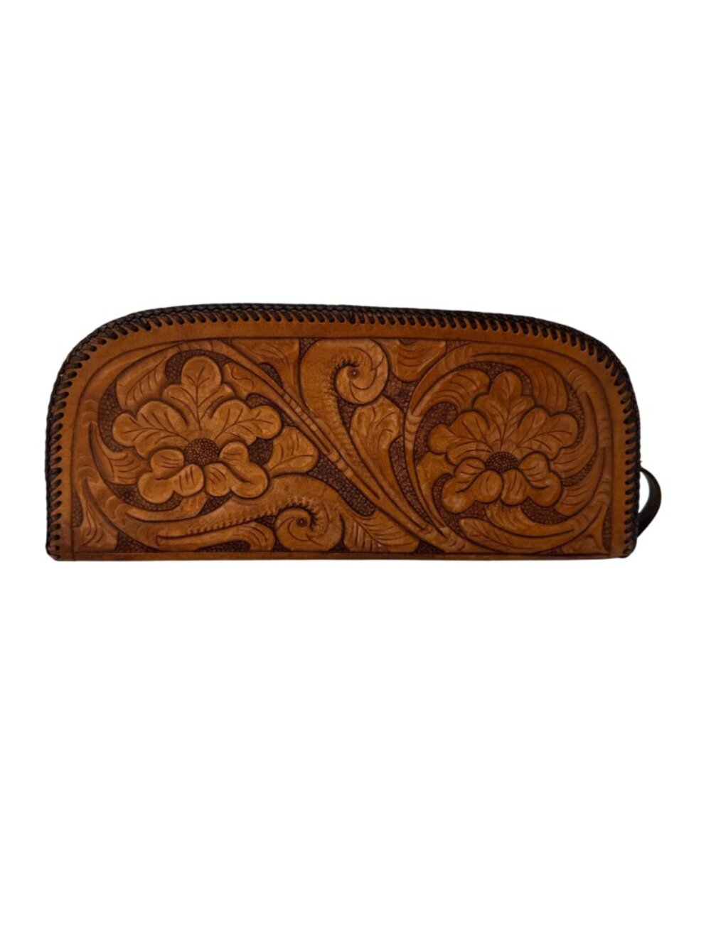 Vintage Tooled Leather Clutch Floral Brown Zipper Pouch 12 Inch Boho Western 197 - Picture 2 of 10